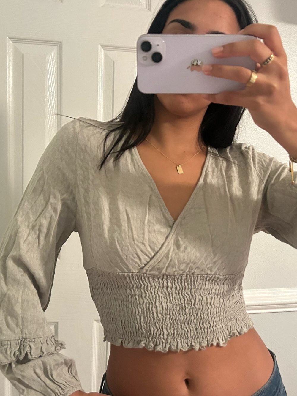 Altar'd State Taupe Smocked Wrap Crop Blouse